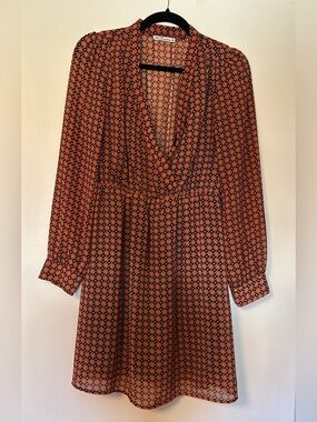 Rust Geo-Print Long Sleeve Dress
